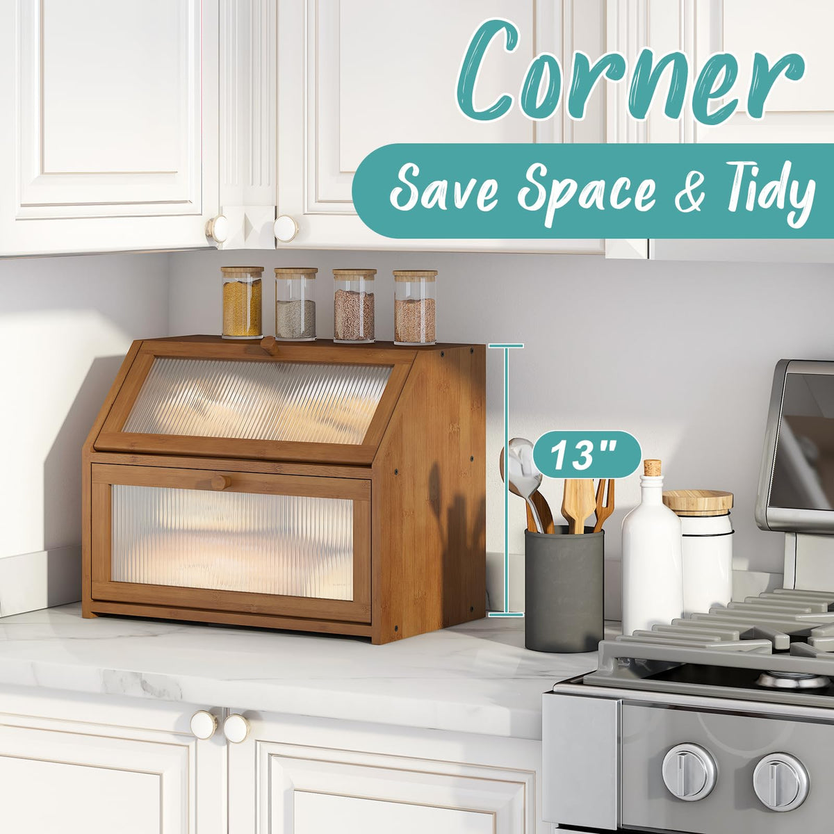 Counter, Large Bamboo Wood Double Layer, Wooden Bread Storage Capacity