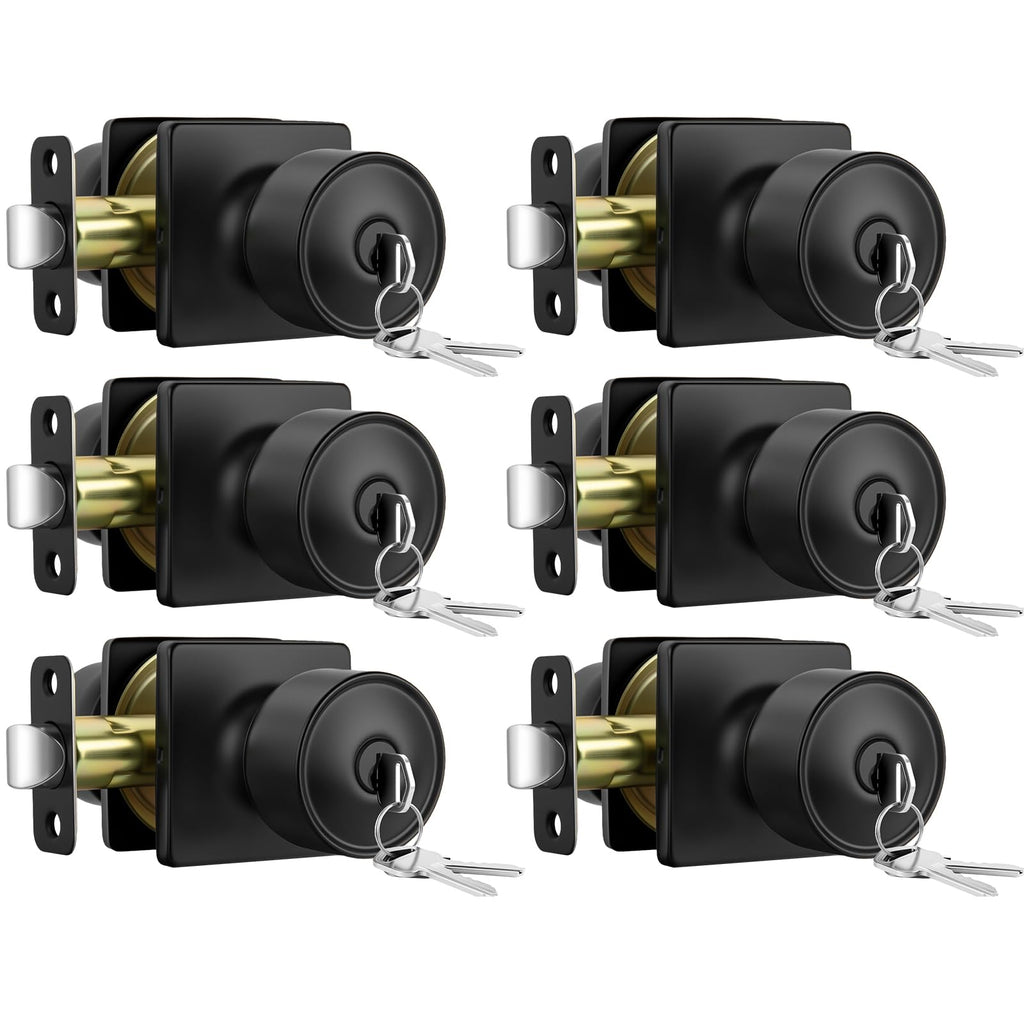 Matte Black Exterior Door Knobs with Lock, Keyed-Alike 6 Pack