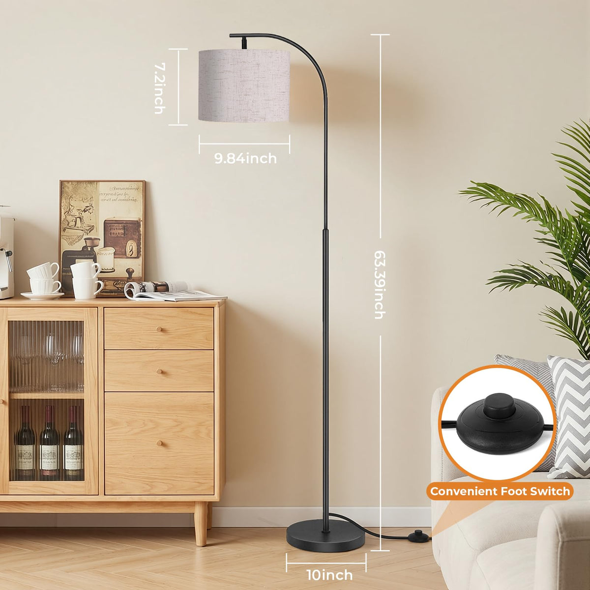 Floor Lamp with Linen Shade, Arc Dimmable Tall Standing Lamp with Remote Control, Modern Floor Reading Light Bedroom