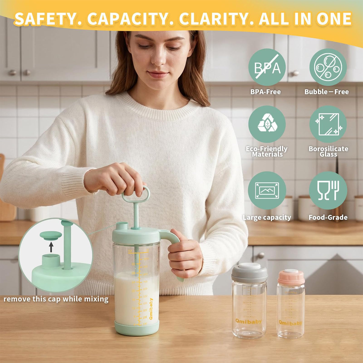 32oz Borosilicate Glass Formula Mixing Pitcher, BPA-Free Leakproof Breastmilk Fridge Storage Container, Wide Mouth