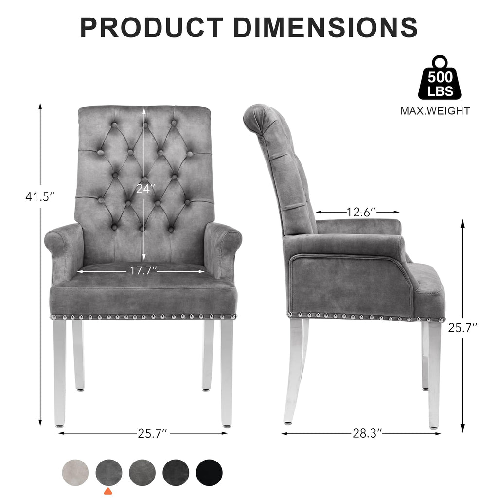 Velvet Dining Chairs Set of 2, Dining Chairs with Arms, Grey