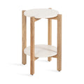Inspired Saarinen Style Moxley Transitional Round Side Table; 16 x 16 x 22; White Marble and Natural Wood; Tiered Pedestal Table with
