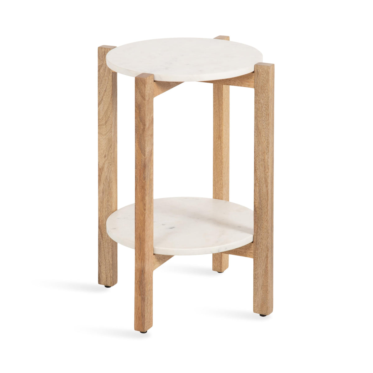 Inspired Saarinen Style Moxley Transitional Round Side Table; 16 x 16 x 22; White Marble and Natural Wood; Tiered Pedestal Table with