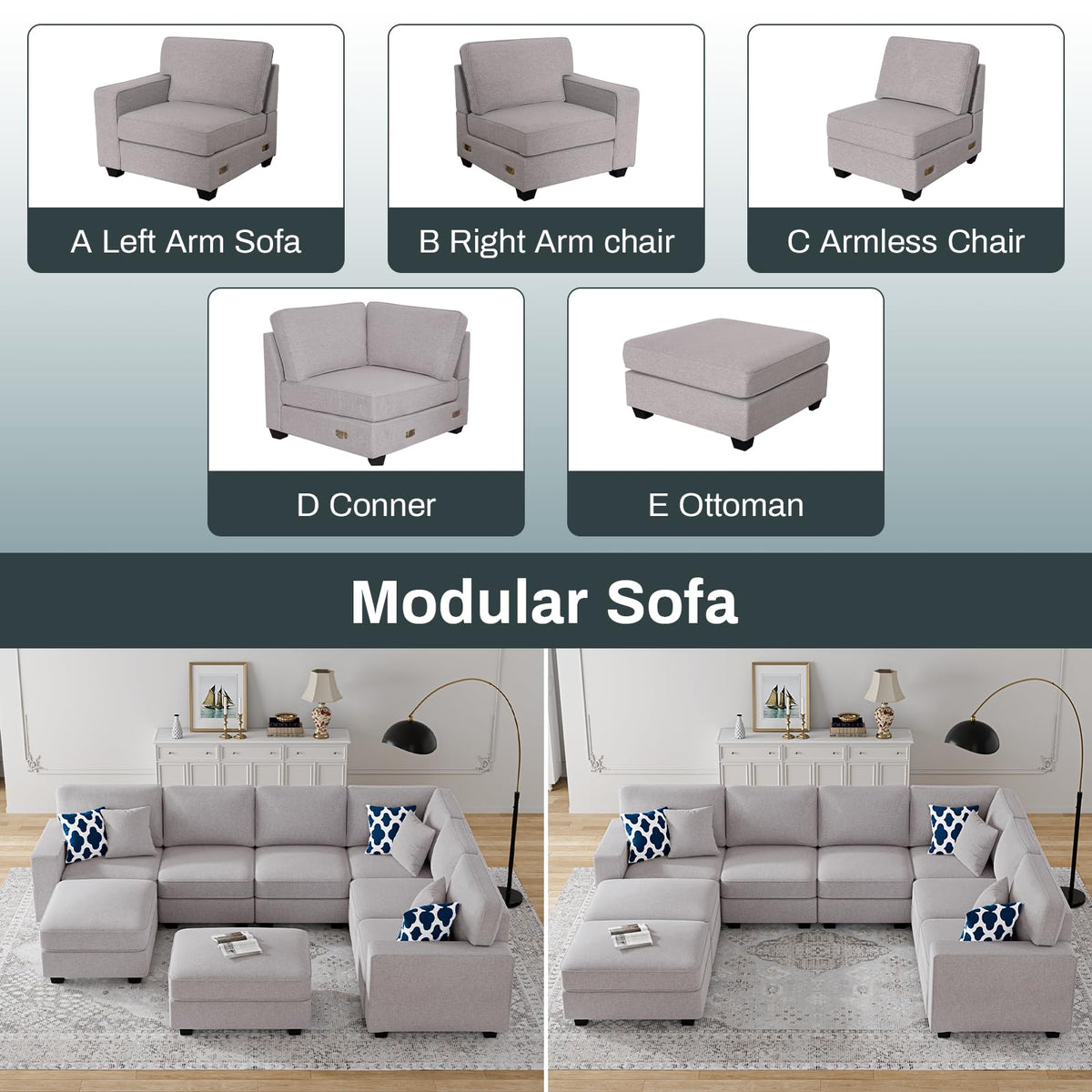 Oversized Modular Sectional Sofa, U/L‐Shaped Reversible Couch with Ottoman, Deep Seat Plush Polyester Sofa