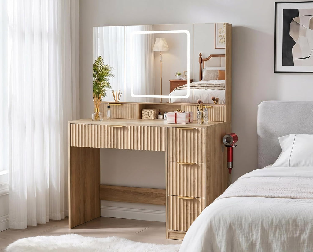 Vanity Desk with 3-Way Mirror and Lights, Makeup Vanity with 360° View Mirror, 3 Lighting Modes, 6 Drawers,Storage