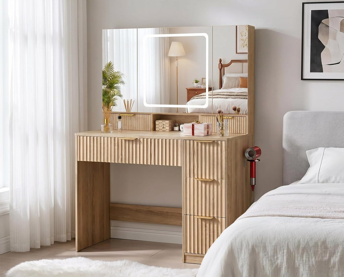 Vanity Desk with 3-Way Mirror and Lights, Makeup Vanity with 360° View Mirror, 3 Lighting Modes, 6 Drawers,Storage