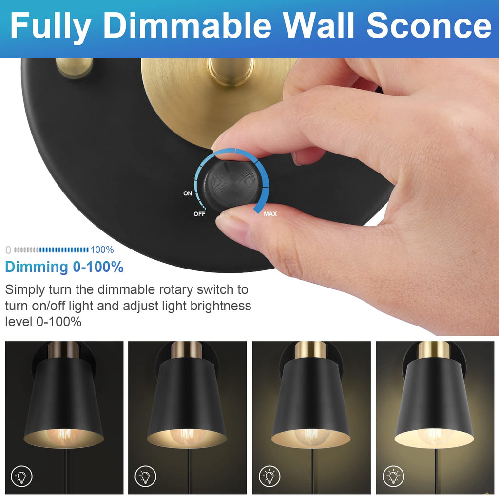 Wall Sconce Plug in, Dimmable Wall Sconces Adjustable Wall Lights with Plug in Cord and Dimmer On/Off Rotary Switch