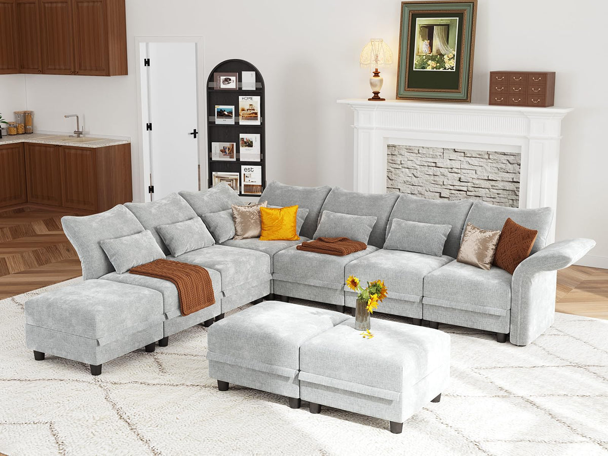 L Shaped Modular Sectional Sofa 9 Seater Sectional Couch with Storage Ottoman, Deep Sectional Sofas with Adjustable