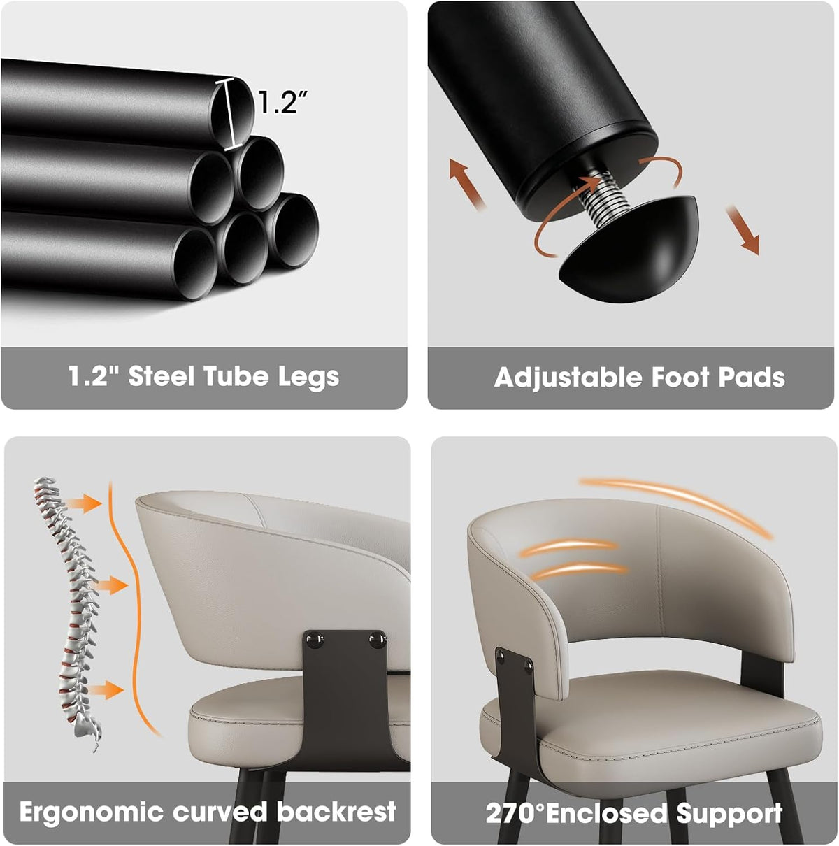 Modern Dining Chairs Set of 4, Upholstered Faux Leather Kitchen Chairs with Ergonomic Curved Open Back and Metal Legs, Warm Gray