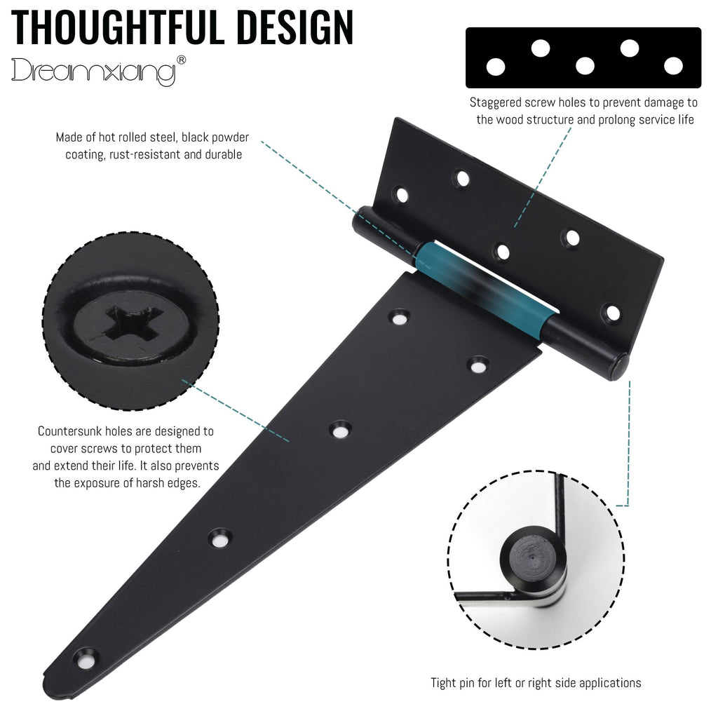 12 Inch T-Strap Gate Hinges, Heavy Duty Shed Barn Door Hinges, Black Tee Hinges for Wooden Fence, Yard Gate, Wrought