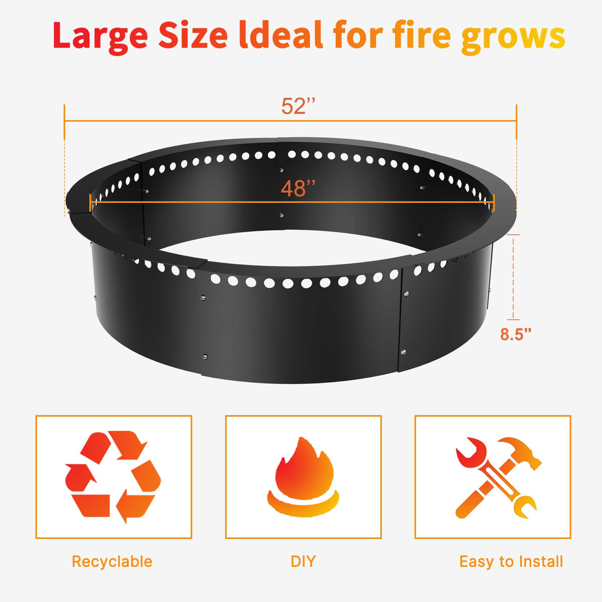 Smokeless Fire Pit Ring, 52-Inch Outer/48-Inch Inner Heavy Duty Large Solid Metal Steel Flower Shape Firepit Rim