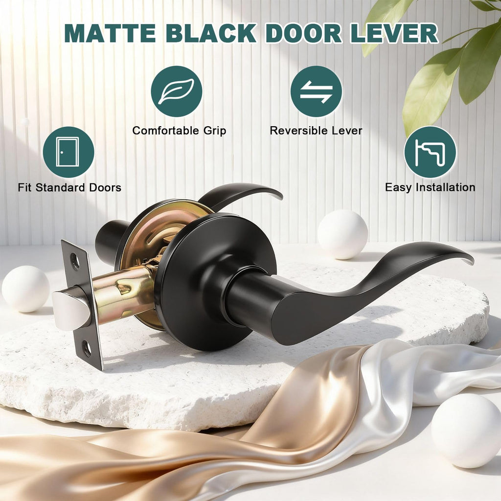 5 Pack Matte Black Passage Door Levers Interior Door Handles and Closet Door Lock Keyless Wave Lever Door Handles
