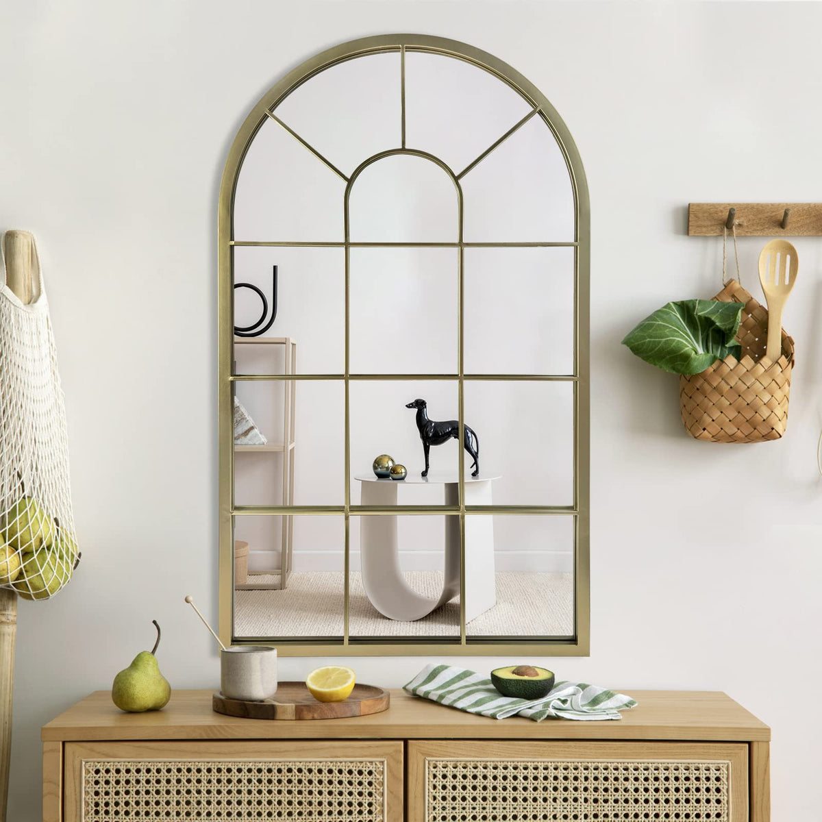 Wall Mirror Window Decorative Mirrors Arched Farmhouse Bedroom Entryway Bathroom Vanity (Gold, 41.3" x 24" x 1")
