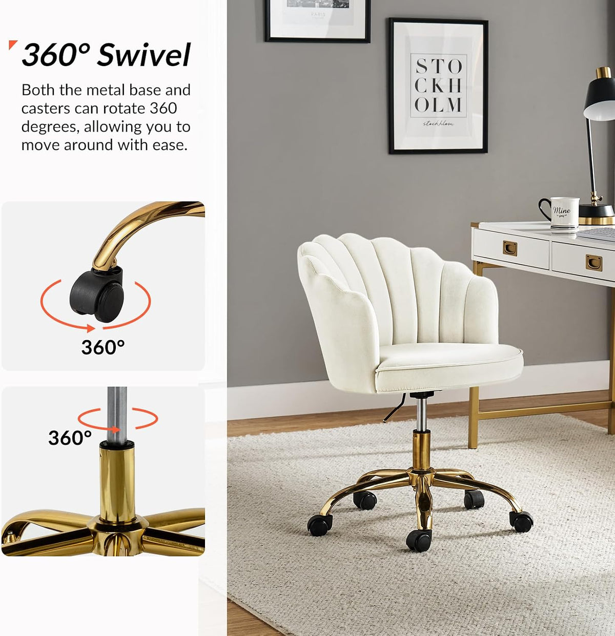 Velvet Home Office Desk Chair with Gold Base, Adjustable Swivel Task Chair for Vanity, Women's Modern Cute Shell Back