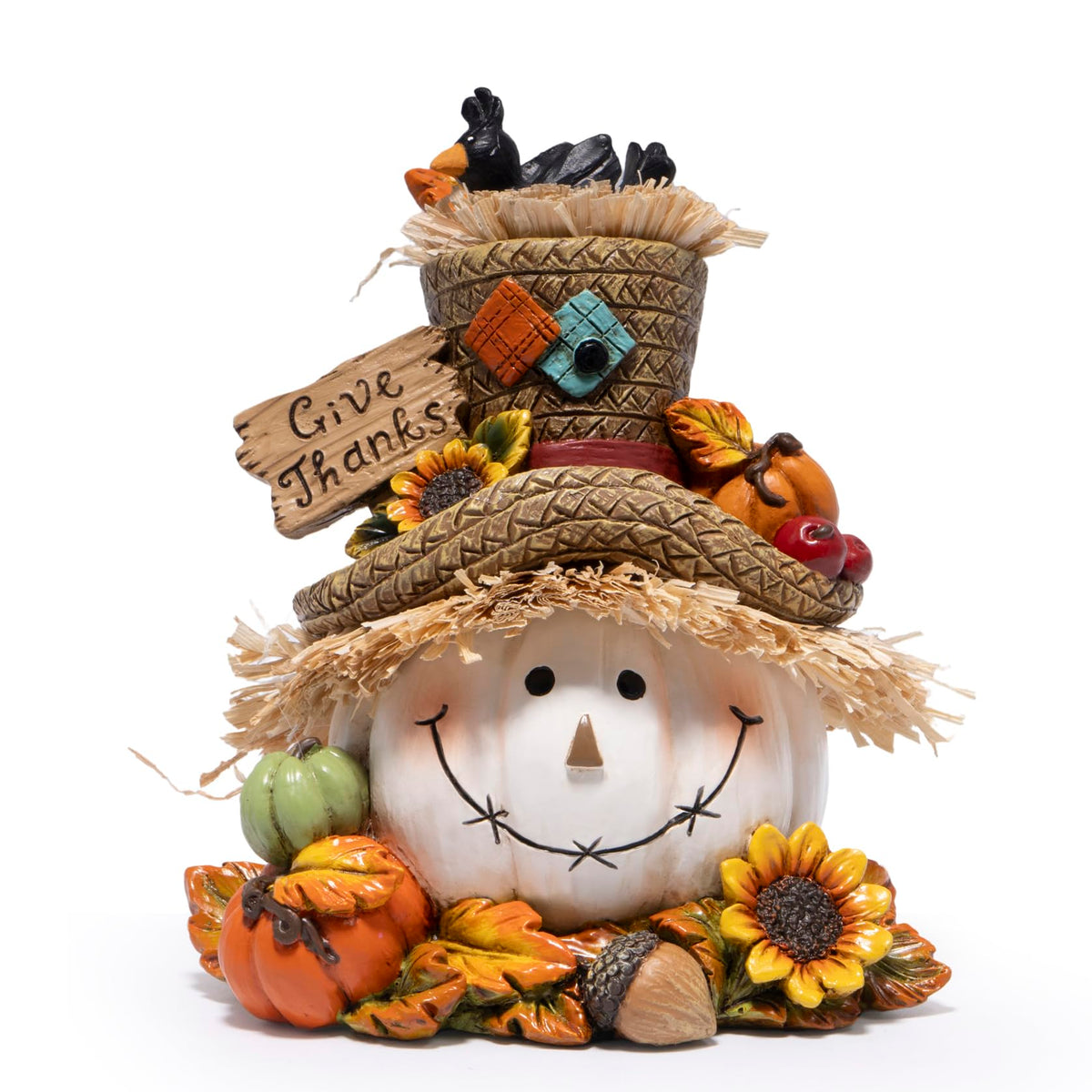 Thanksgiving Pumpkin Decorations, Resin Fall Autumn Figurine with Straw Hat, Birds, Acorns & Sunflowers, Give Thanks