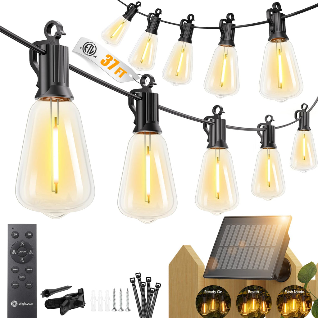 37FT Solar String Lights Outdoor, 10+1 Shatterproof LED Lights