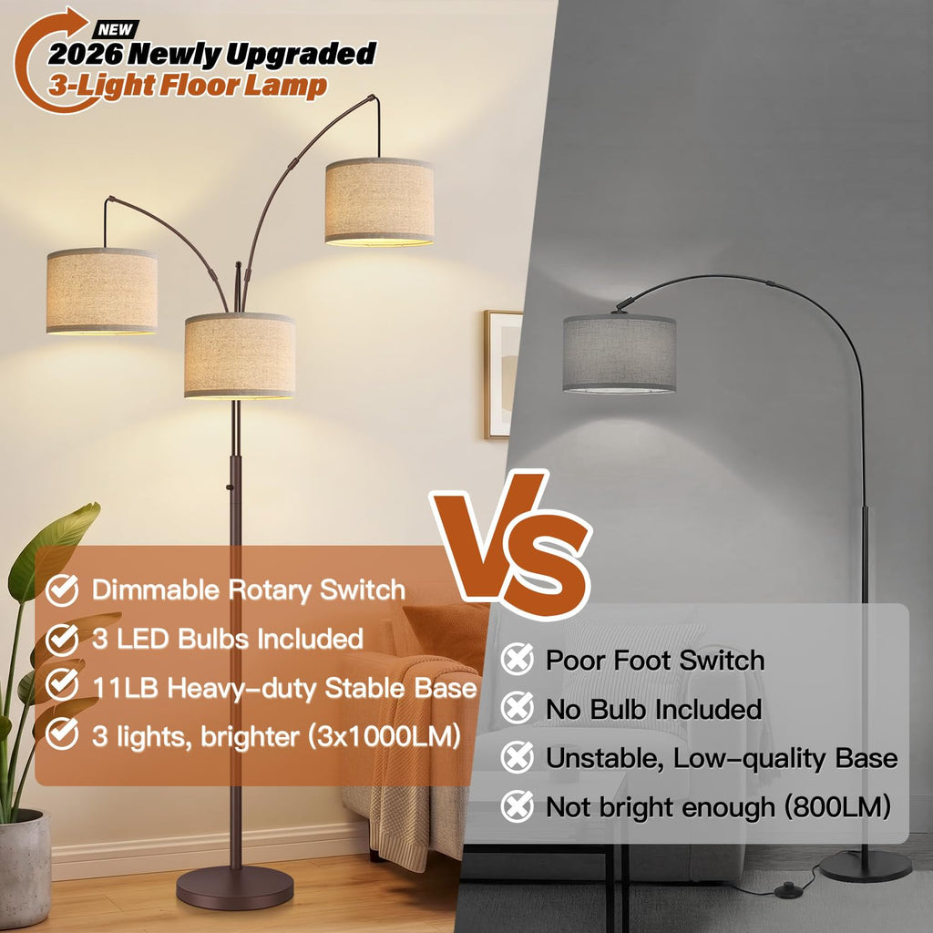 Dimmable Floor Lamp - 3 Lights Gold Arc Floor Lamps, 1000LM Modern Tall Standing Lamp with Black Shades&Heavy Base,3