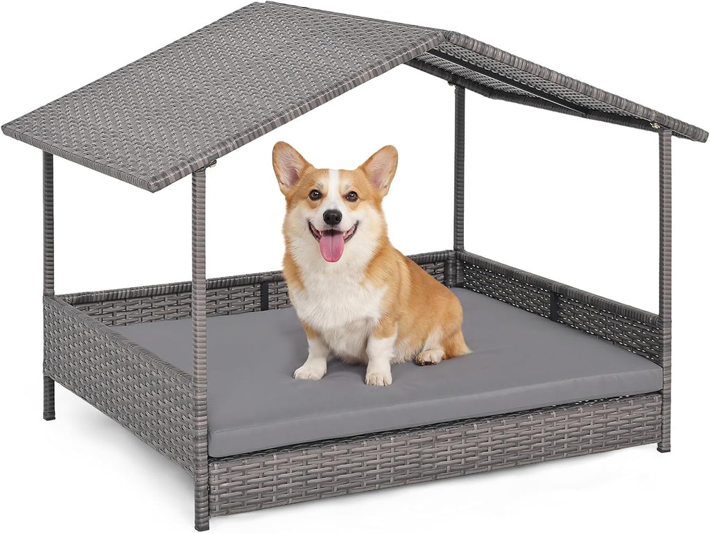 Outdoor Wicker Dog House with Roof Canopy, Elevated Rattan Dog Bed with Washable Cushion, Weatherproof Patio Pet Bed