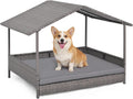 Outdoor Wicker Dog House with Roof Canopy, Elevated Rattan Dog Bed with Washable Cushion, Weatherproof Patio Pet Bed