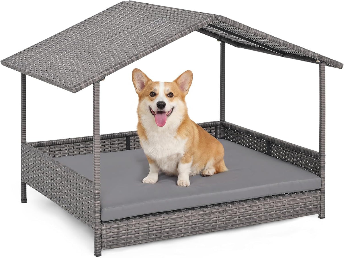 Outdoor Wicker Dog House with Roof Canopy, Elevated Rattan Dog Bed with Washable Cushion, Weatherproof Patio Pet Bed