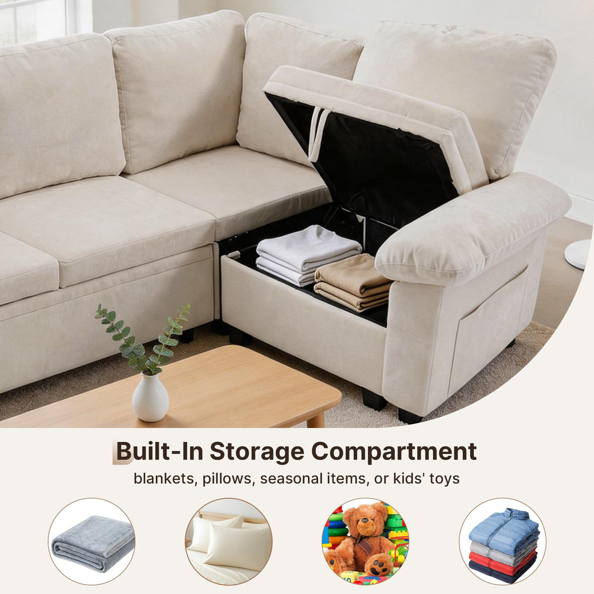 108" Modular Sectional Sleeper Sofa with Storage, L Shaped Pull Out Couch