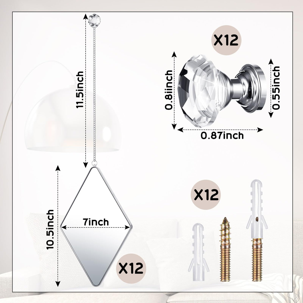 12 Pcs Diamond Wall Mirror Decorative Set Hanging Mirrors with Chain Frame Diamond Decorative for Wall Decor Living