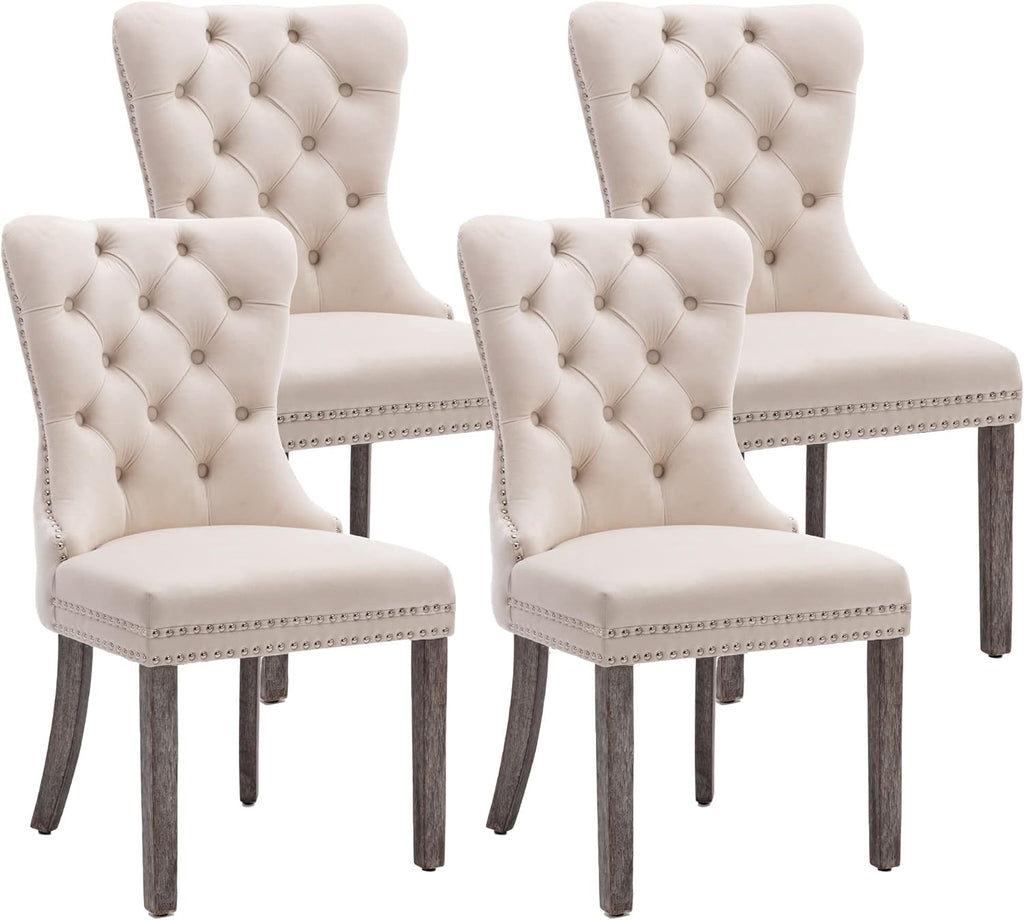 Velvet Dining Chairs Set of 4, Upholstered High-end Tufted Dining Room Chair with Nailhead Back Ring Pull Trim