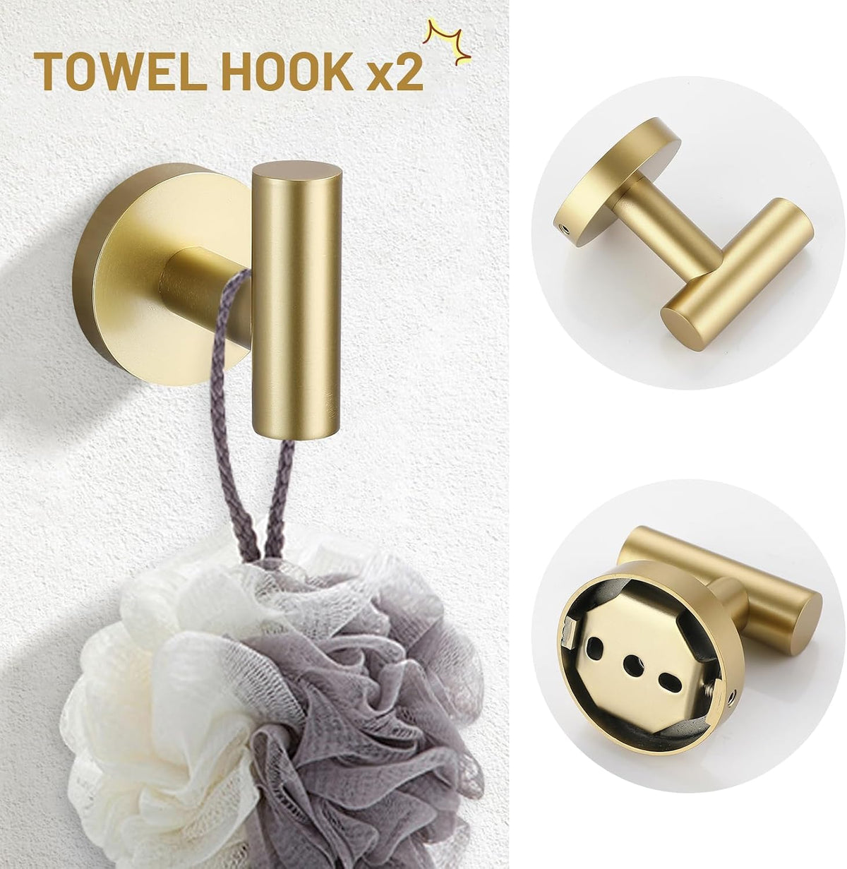 Brushed Gold 4-Pieces Towel Ring Set Include Towel Ring Double Base Toilet Paper Holder Towel Hook SUS304 Stainless