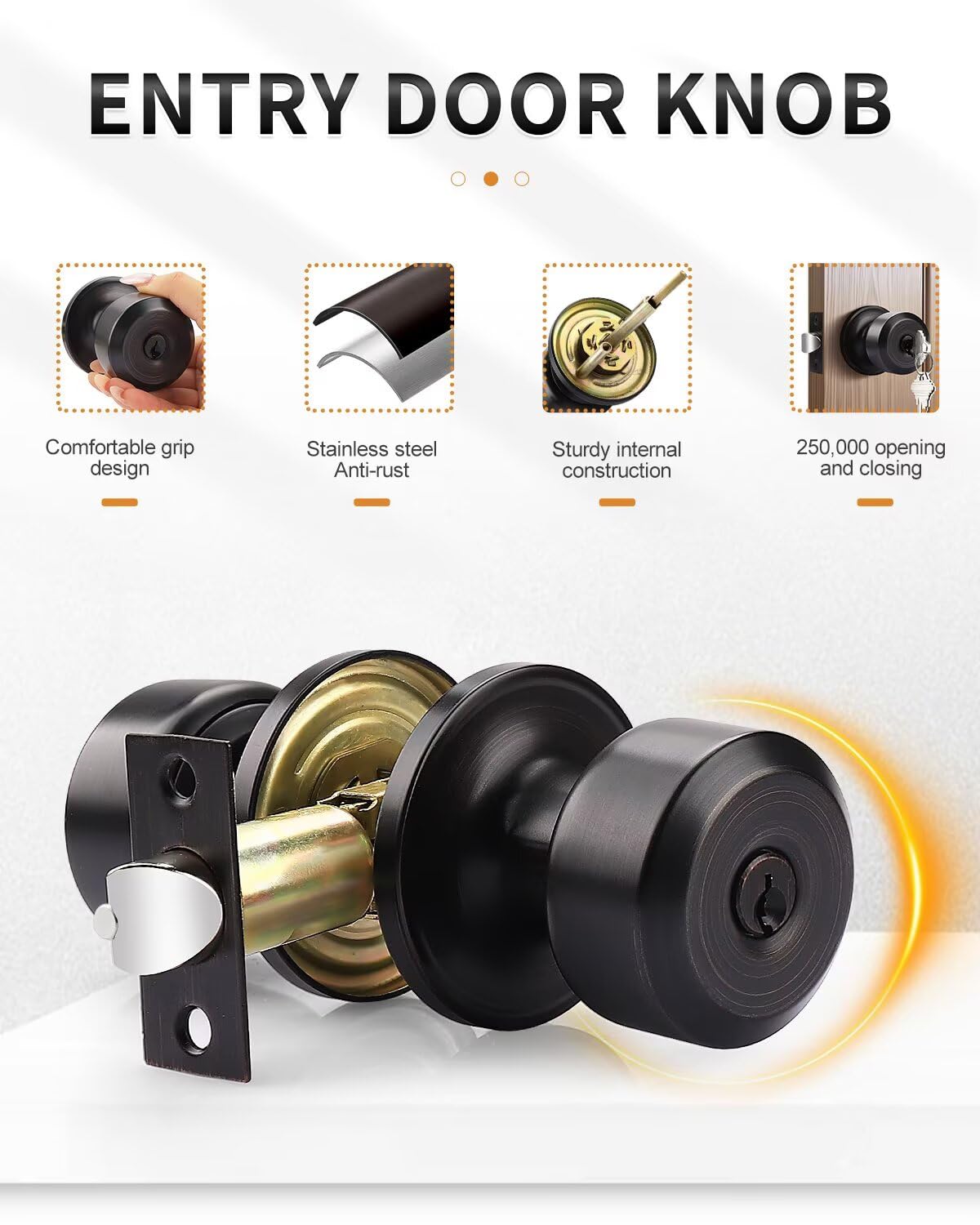 Keyed Alike Entry Door Knobs, Oil Rubbed Bronze Cylindrical Shape Interior Door Knobs with Lock and Keys, 3 Pack