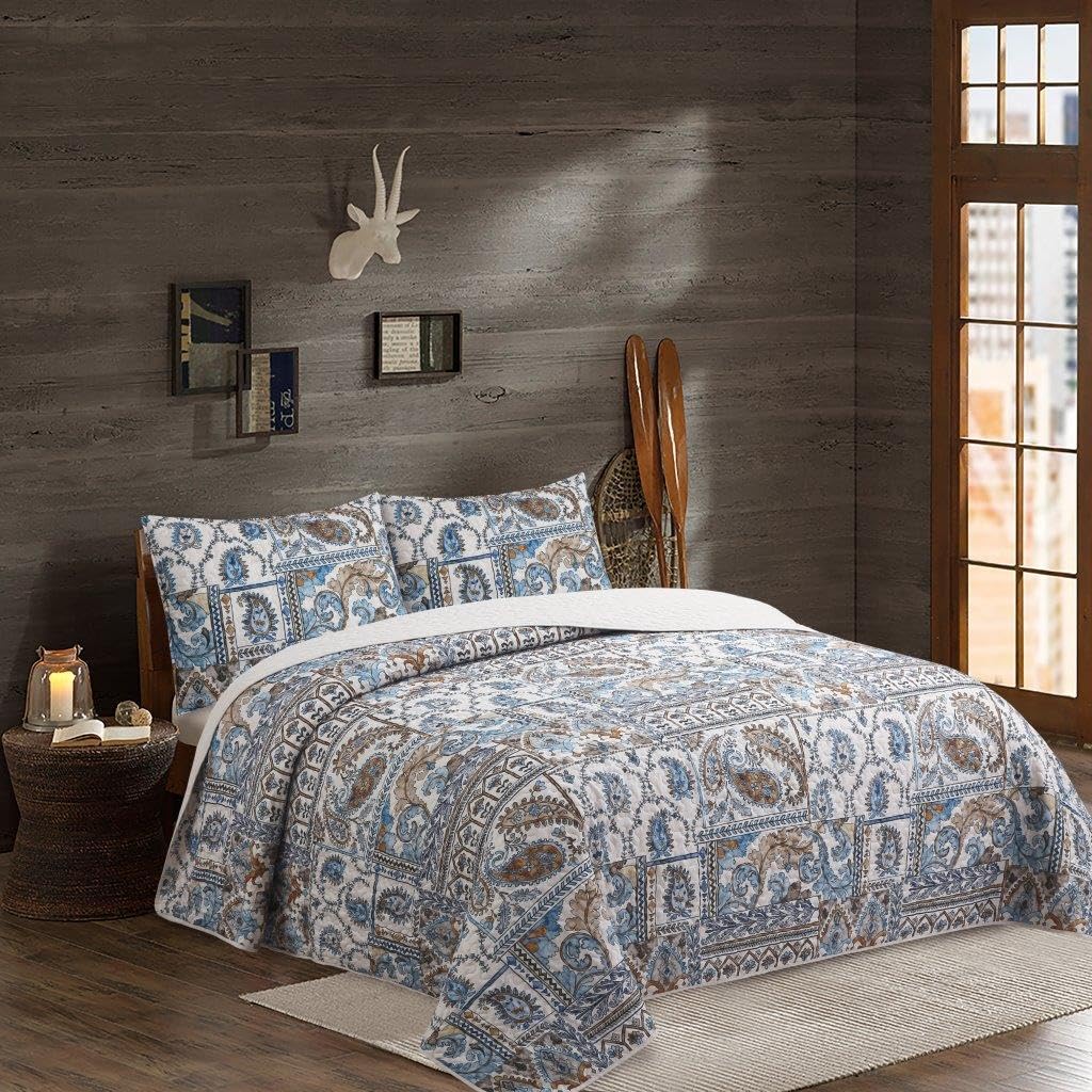 3 Piece Lodge Quilt Bedding Set - Rustic Country Reversible Comforter Set with Decorative Pillow Shams - Blue