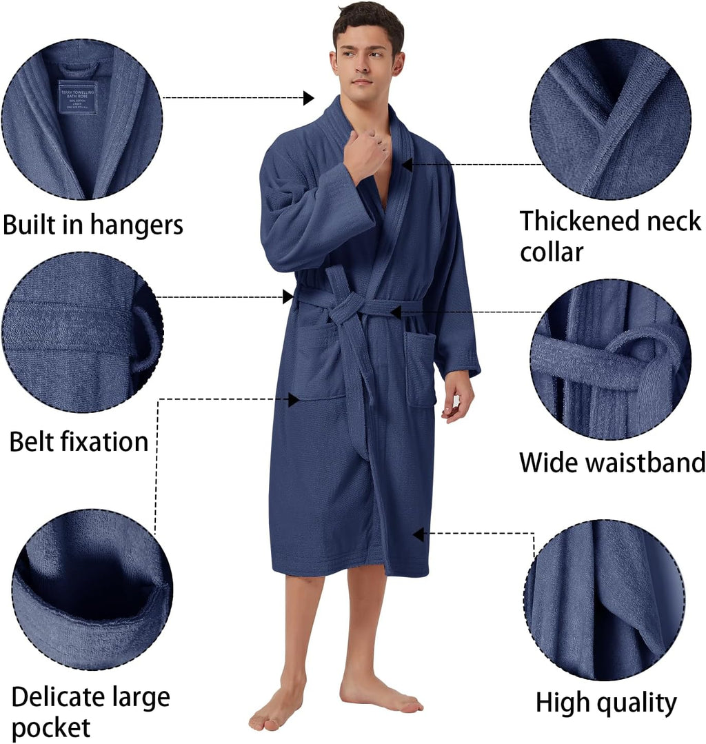 Bathrobe Mens,Pure Cotton Robe for Men,Thick Terry Cloth Bathrobe,Luxury Long Combed Men's Cotton Robe