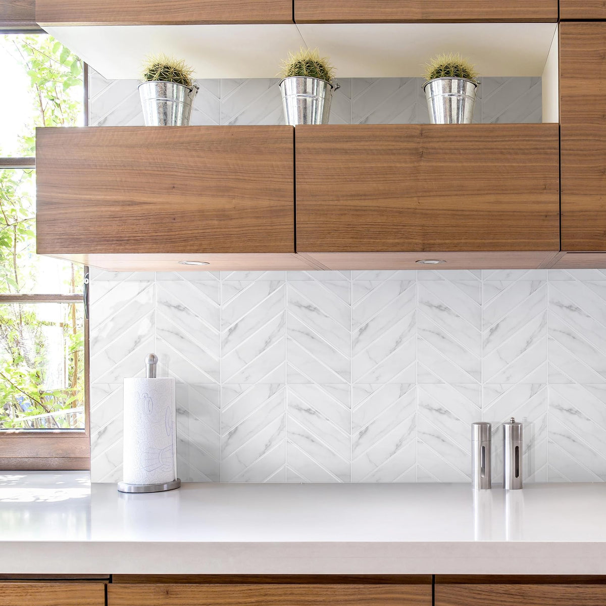 Herringbone Peel and Stick Backsplash, White Marble, 10 Sheets