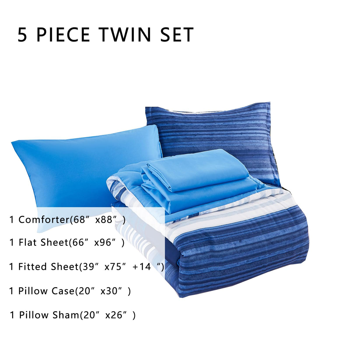 Striped Comforter Set, 5 Piece Bed in a Bag, Blue