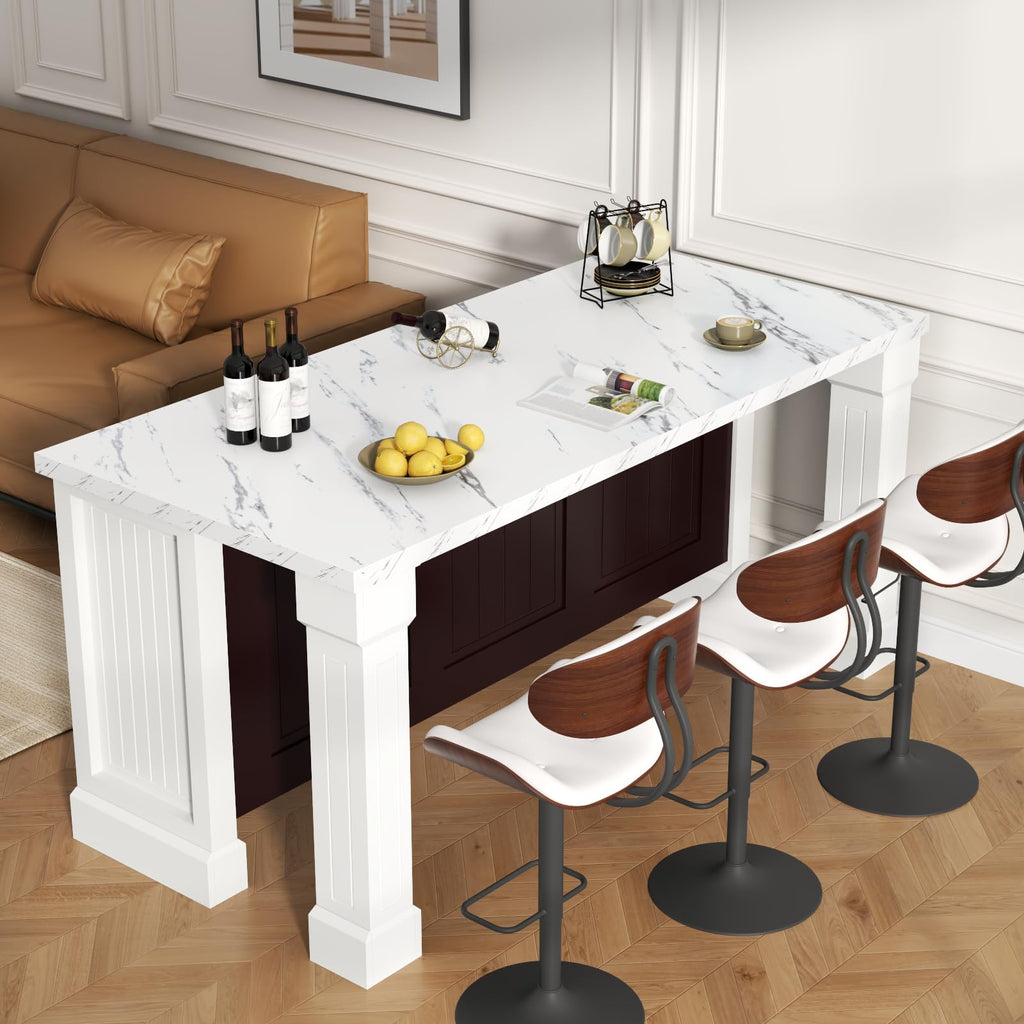 71" Large Imitation Marble Bar Table with Roman Column, 36" Tall Island Table with Charging Station, Mordern Kitchen