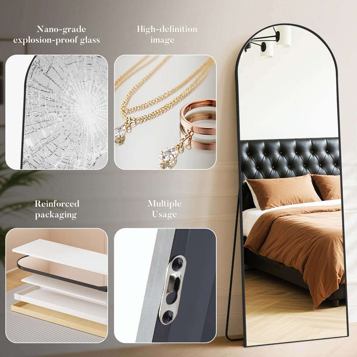 63"x20" Arched Full Length Floor Mirror, Full Body Mirror with Stand