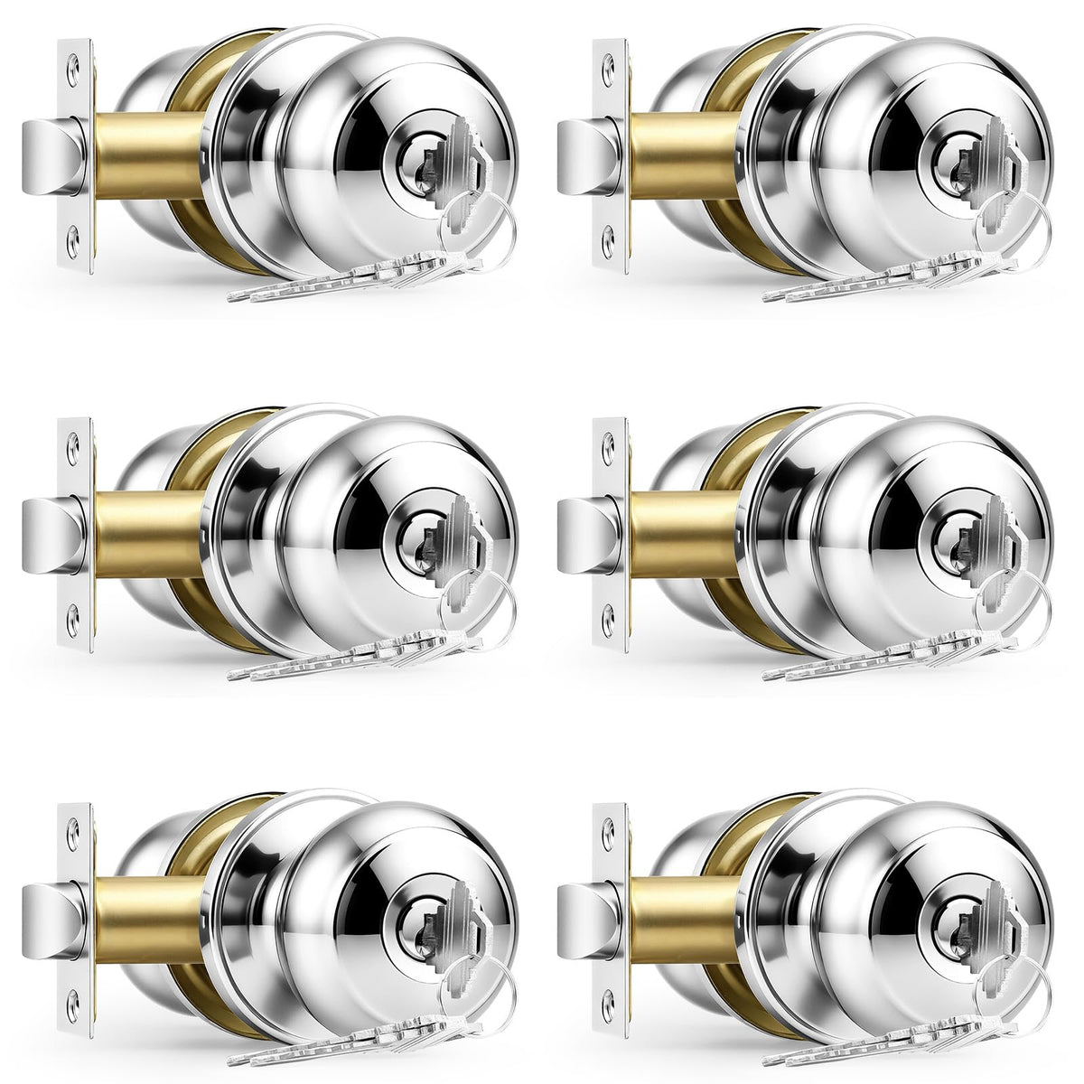 Door Knobs Polished Chrome Finish, Exterior Interior Entry Door Lock with Same Key, 6 Pack Entrance Door Lock Set