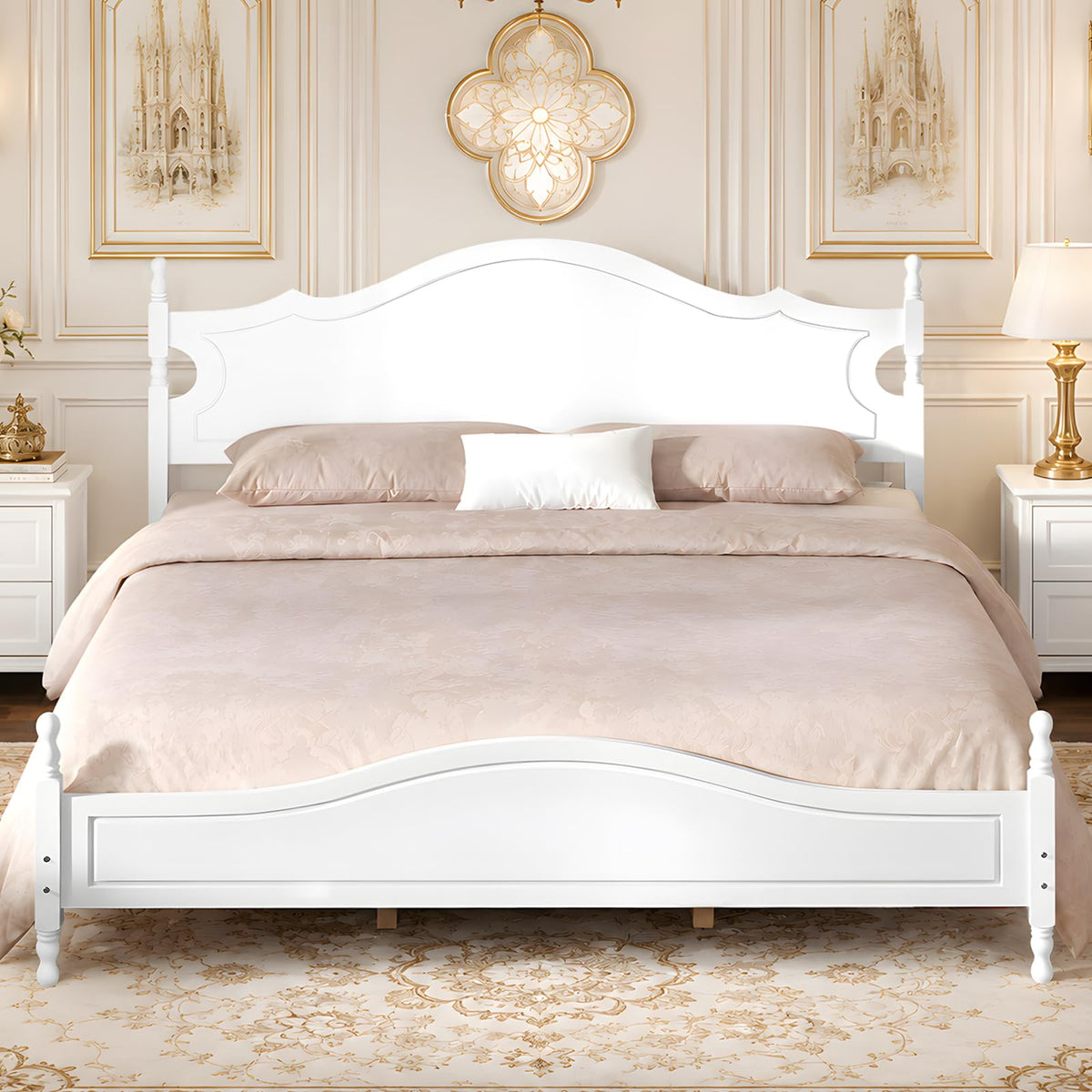 White Wood Bed Frame with Vintage Headboard, Gothic Style Wooden Platform Bed with Wood Slat Support