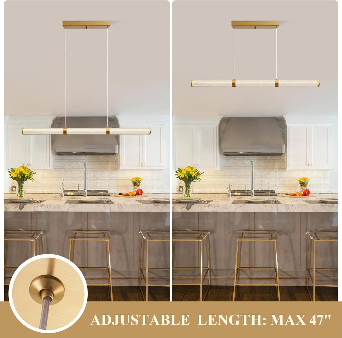 Modern Linear Chandelier Gold Linear Pendant Light Fixture, LED Dimmable Island Chandelier for Kitchen Island