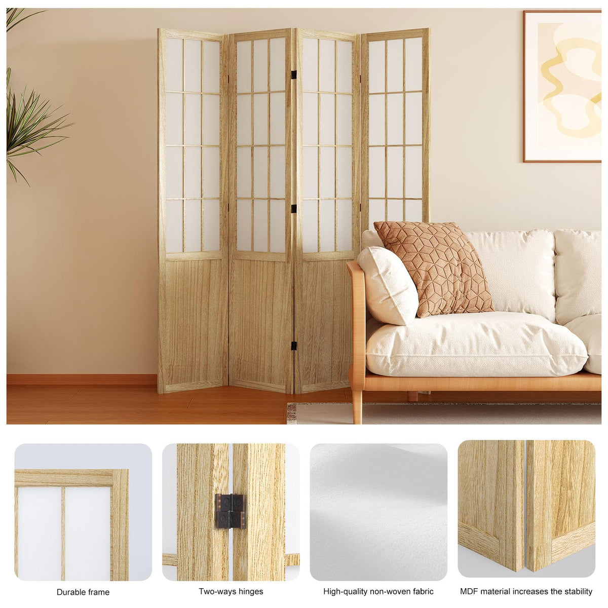 Room Divider, 66.9Inch Tall Japanese Shoji Style Folding Wood Screen with Double Hinges Bedroom Hotel Decoration