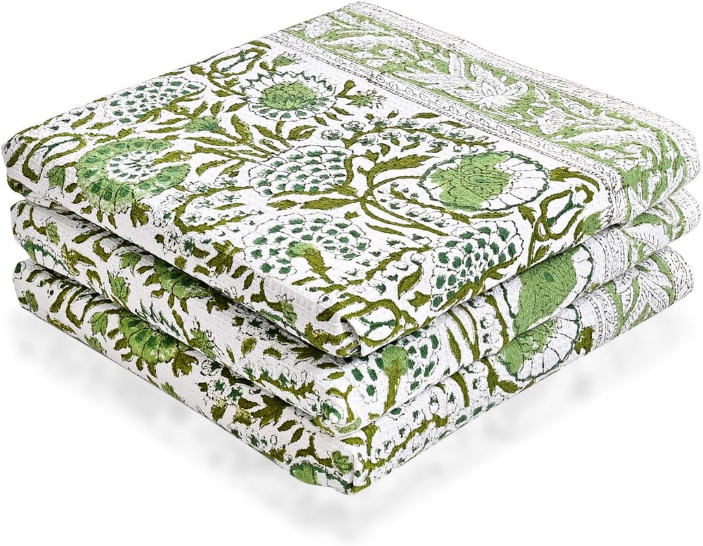 Agate Green Hand Block Print Waffle Kitchen Towel Set of 3-16 x 28 Inch Ultra Absorbent Quick Dry Cotton Dish
