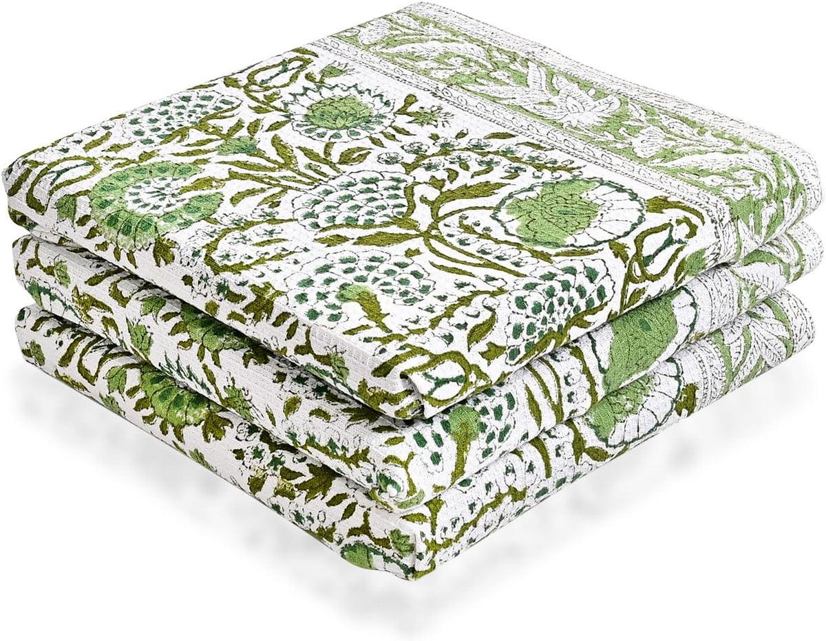 Agate Green Hand Block Print Waffle Kitchen Towel Set of 3-16 x 28 Inch Ultra Absorbent Quick Dry Cotton Dish