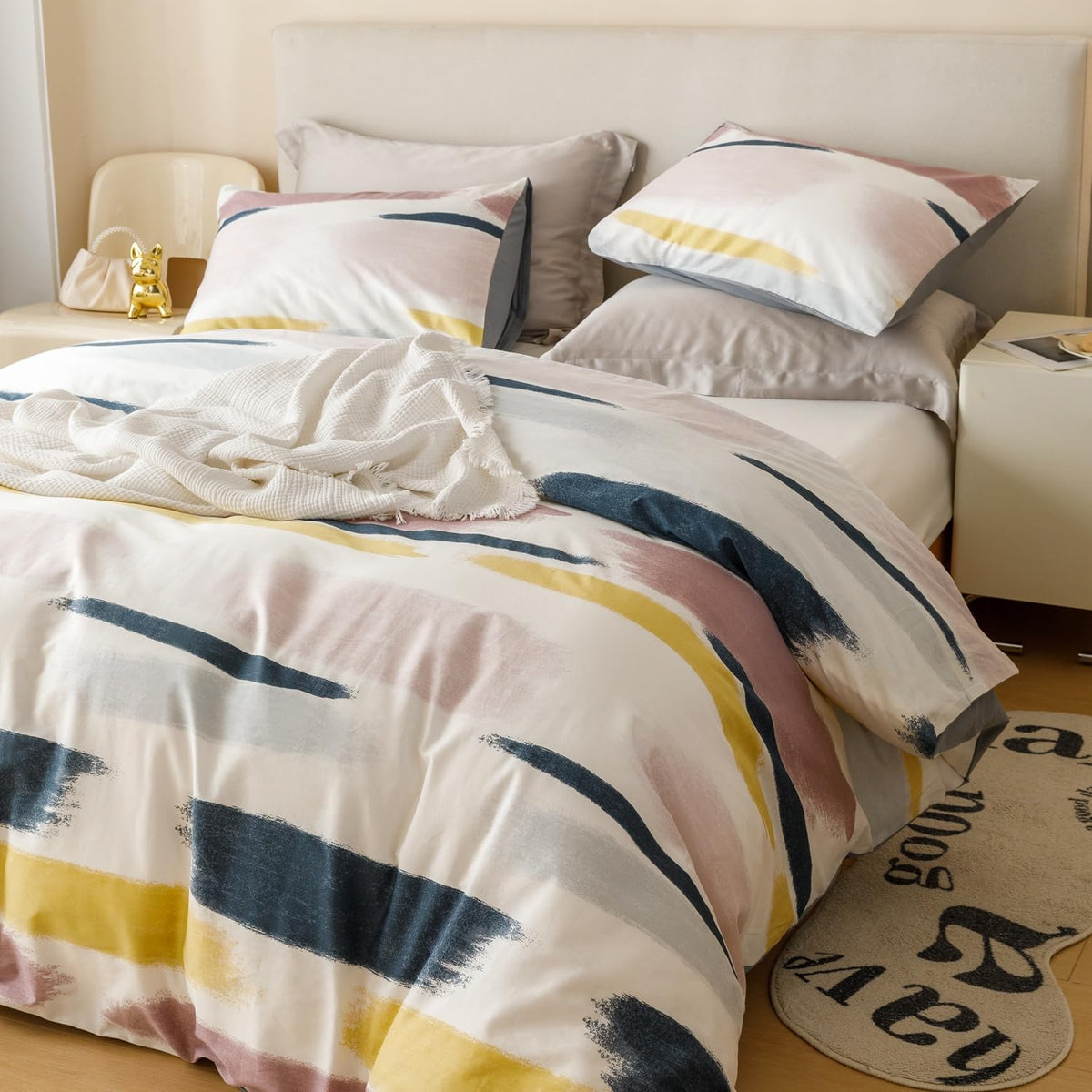 Blue Yellow Striped Duvet Cover 100% Cotton 3 Pieces Set