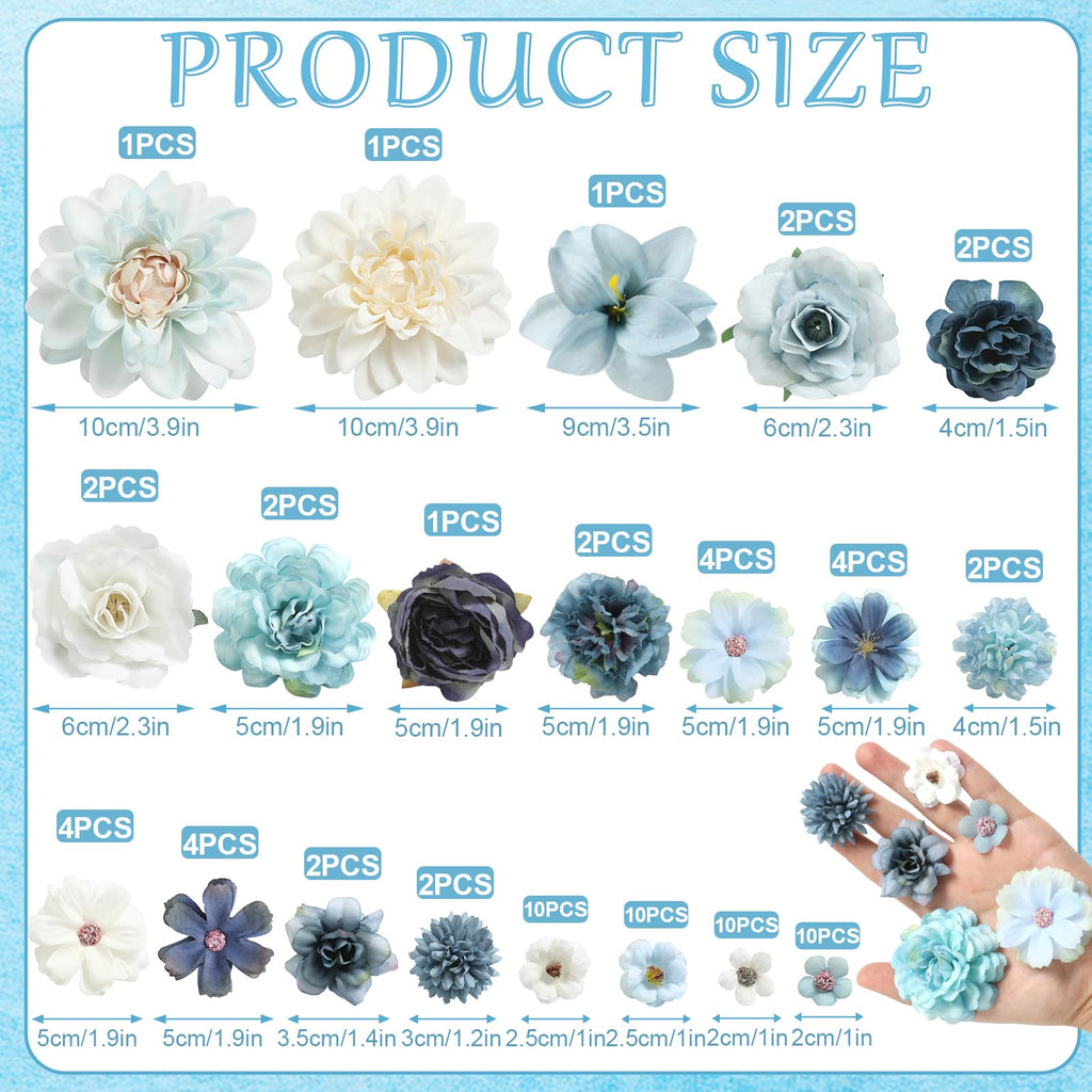 Fake Flower Heads Mini Artificial Flower Blue Faux Dahlia Rose Flowers for Crafts Cake Blossom Wreath Garland
