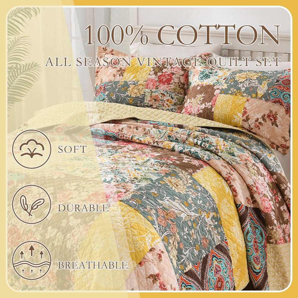 Cotton Quilt, Soft Breathable Bedspread with 2 Shams, Rustic Luxury Paisley Patchwork Quilt, Reversible