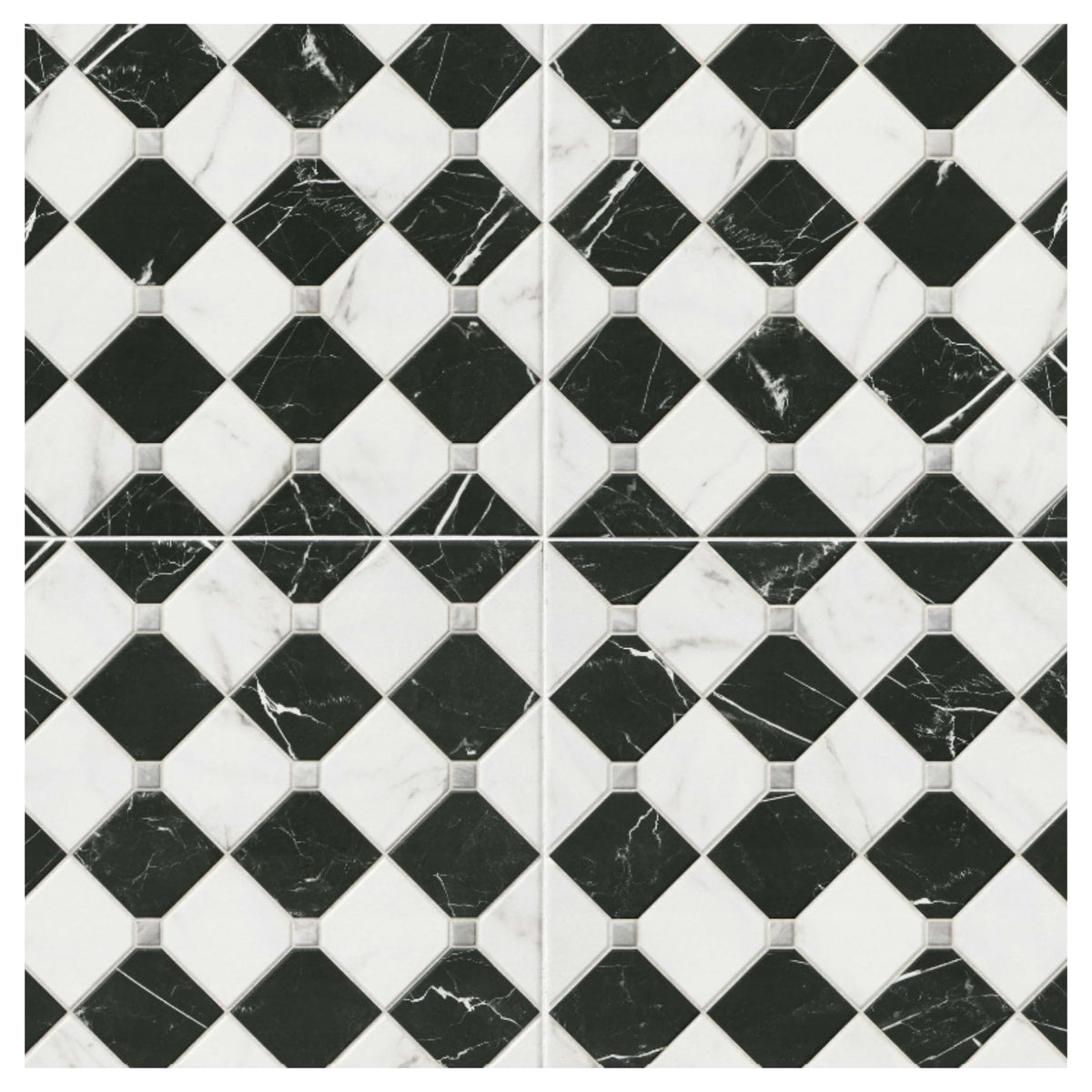 17" x 17" Black & White Matte Marble Look Checkerboard Porcelain Tile, Floor & Wall Tile, Fireplace & Commercial