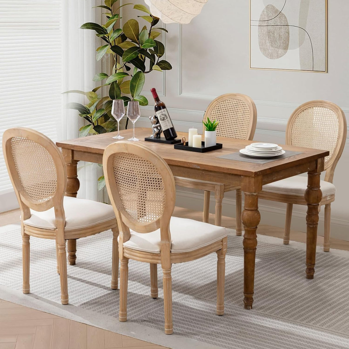 Rattan Back Upholstered Dining Chairs Set of 4 French Country Oval Kitchen Side Chairs with Wood Legs for Dining Room