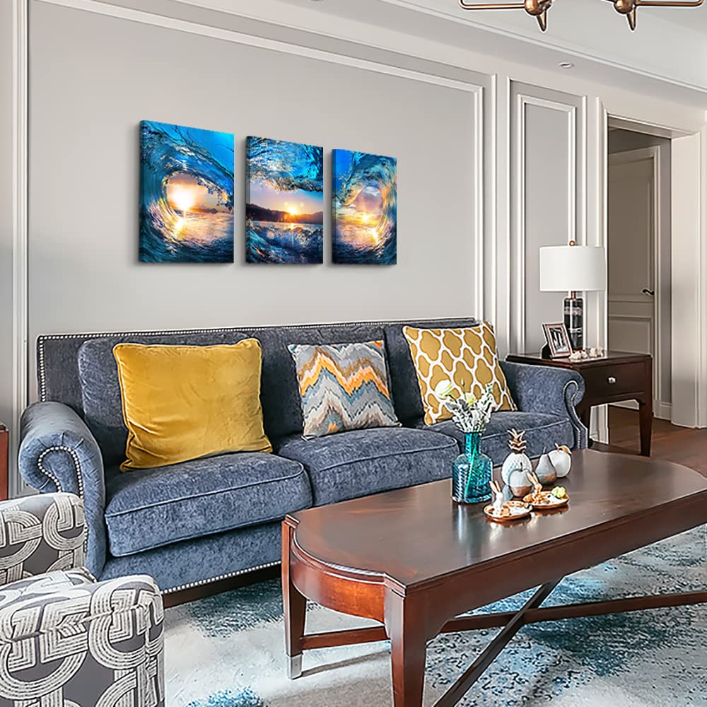 Canvas Wall Art Bedroom Office - Blue Sea View Sunrise Ocean Waves - 3 Piece Set - 16" X 24" Large Size
