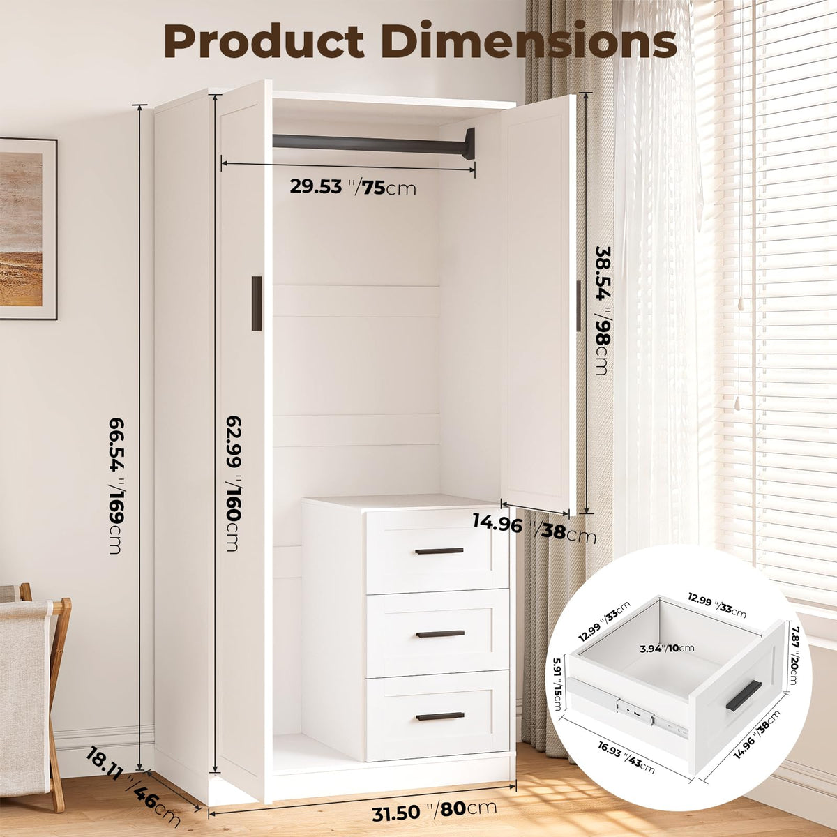Wardrobe Closet with Doors, Bedroom Armoire with 3 Drawers and Hanging Rod