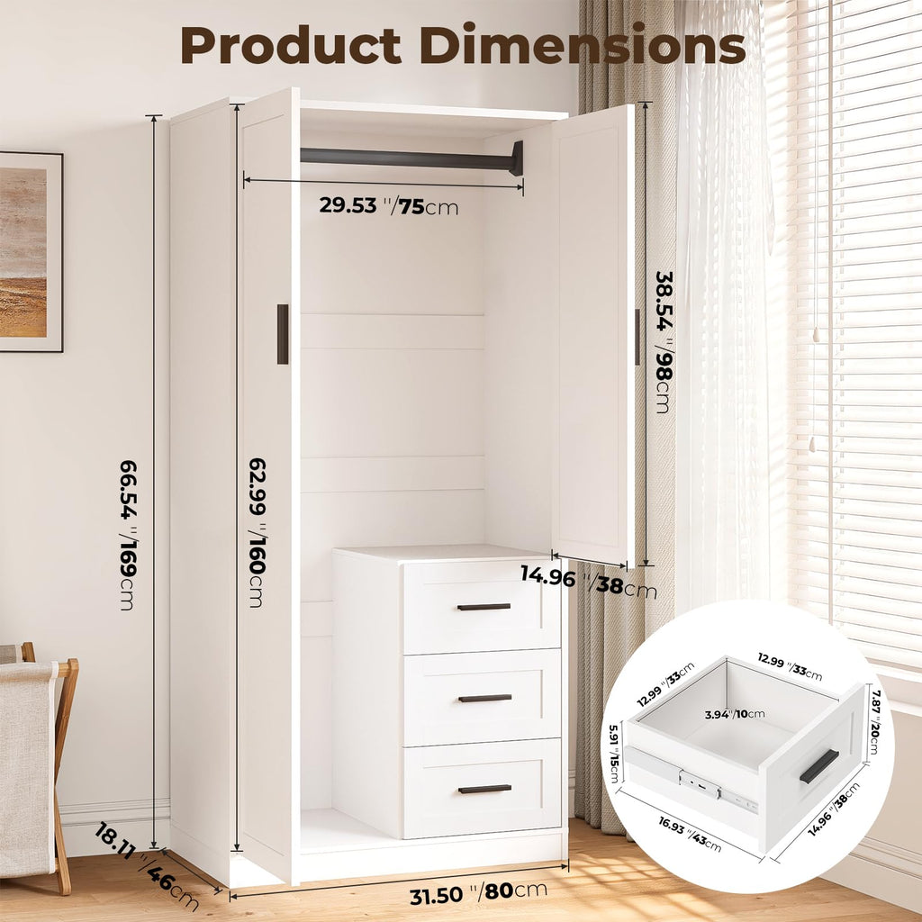 Wardrobe Closet with Doors, Bedroom Armoire with 3 Drawers and Hanging Rod