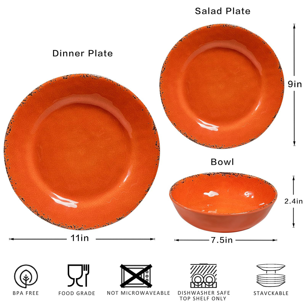 Fall Melamine Dishes Dinnerware Set, 12 Piece Service for 4, Orange